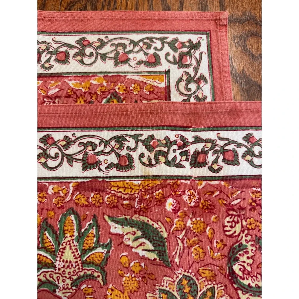 Hand‎ Block Print Floral Cotton Placemats & Napkins Set 9pc Terracotta Boho